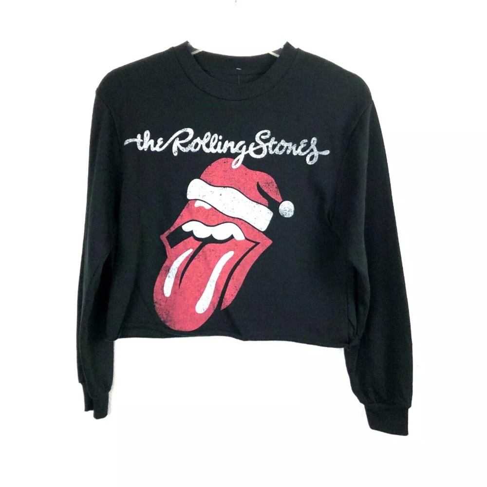 Rolling Stones Sweatshirt XS Black Cropped Holiday Santa Hat Concert Fleece